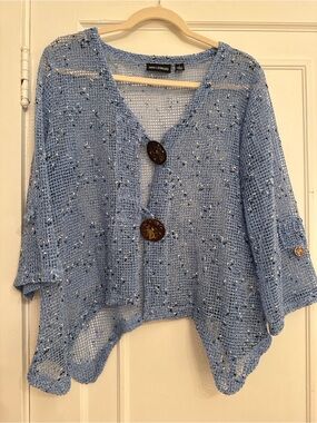 Nina Leonard Sky Blue Open-Weave Button Poncho